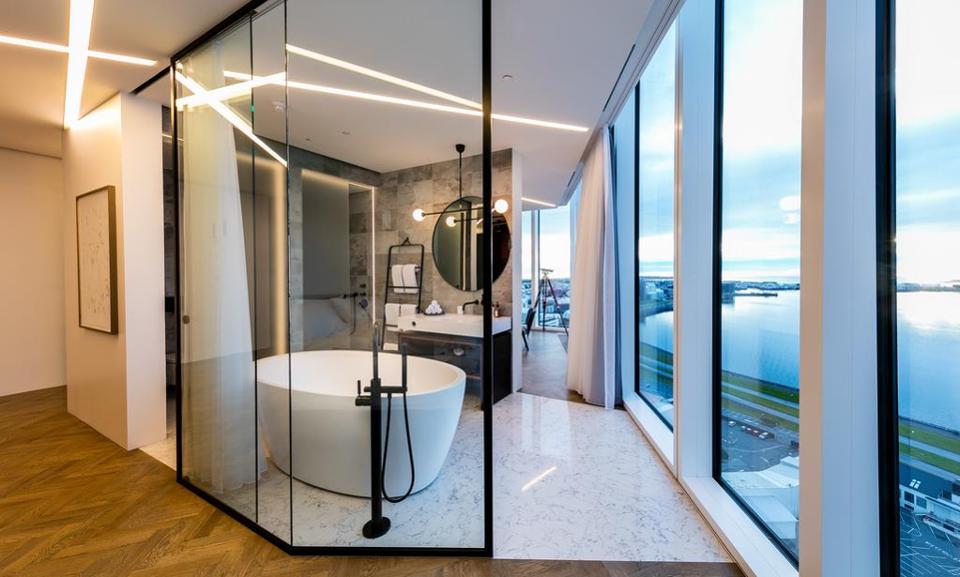 A corner suite bathroom at Tower Suites, Reykjavik, Iceland.