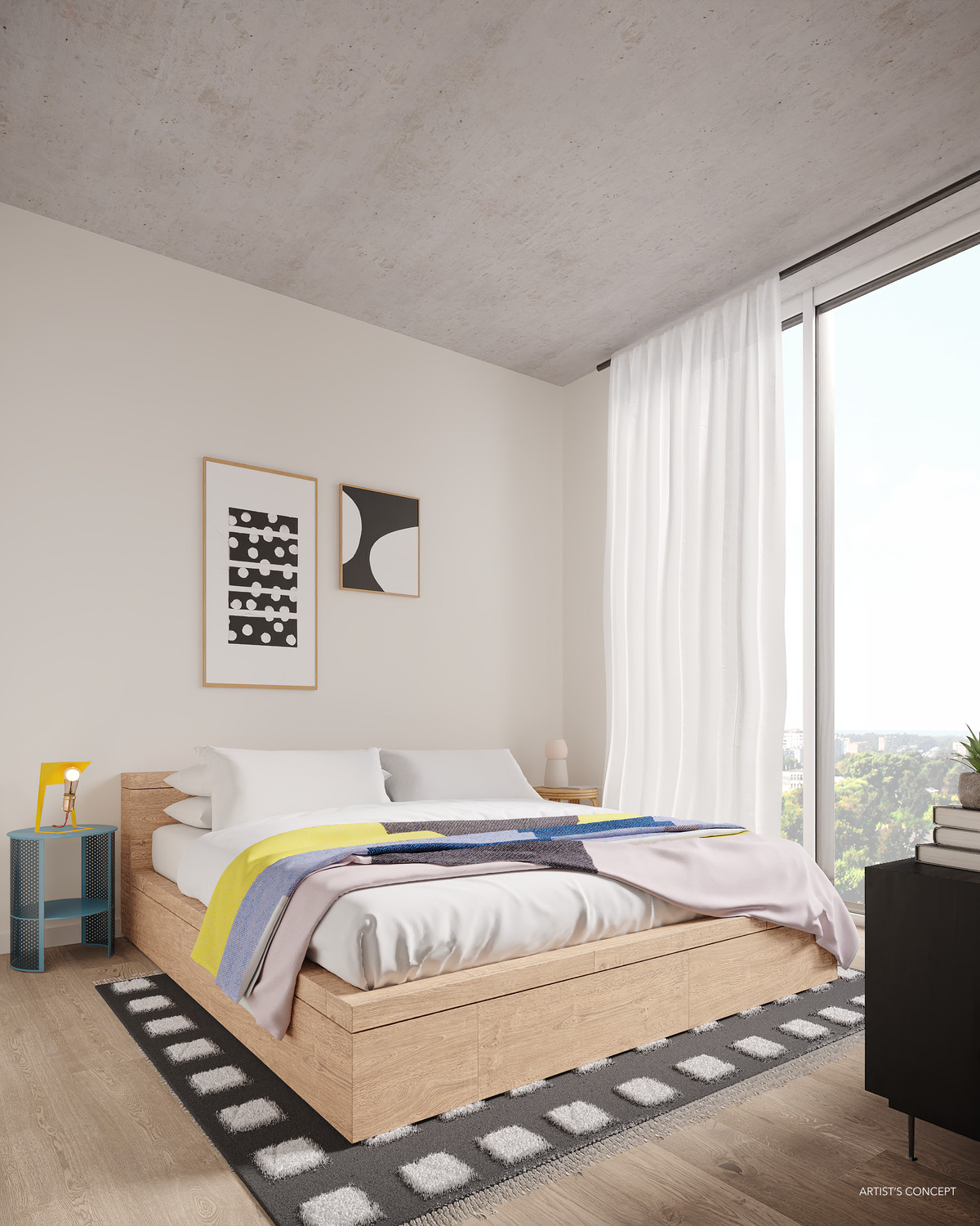 Vertical photo of an apartment bedroom. It has wide-planked wood floors and floor-to-ceiling windows with a light curtain pulled back in front of them. There is a contemporary wooden platform bed against the wall adjacent to the window. There’s a small, rectangular nightstand and two pieces of art on the wall.