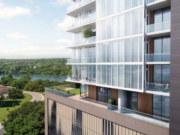 A drawing of a section of a building. Three and a half floors of condo units with big glass windows and doors and balconies, intersected by a set of floor to ceiling windows and strips of wood sits on top of and overhands a single floor at the bottom with large windows and vertical wood panels. The whole structure sits on a wider structure that allows a perimeter walkway. The bottom structure seems enclosed with mirrored glass or metal, with some panels louvered out vertically.