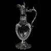 ABCG pedestal ewer, with reticulated sterling silver foot with embossed spout, handle and flip lid by Theodore Starr Co., 14 inches tall, engraved with a fern design, star diamond and fan highlights. 