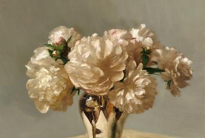 Sarah Lamb, "Peonies in Silver," Oil on linen, 23 x 24 in