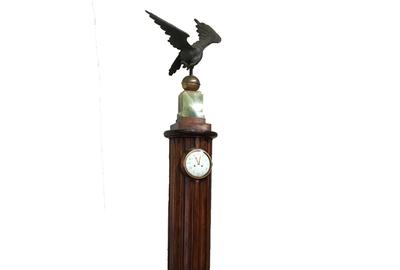 Magnificent 19th century French barrel organ clock, circa 1884, 8 feet 6 inches tall, topped by a bronze eagle perched on an alabaster plinth, a carved fluted column containing the clock.
