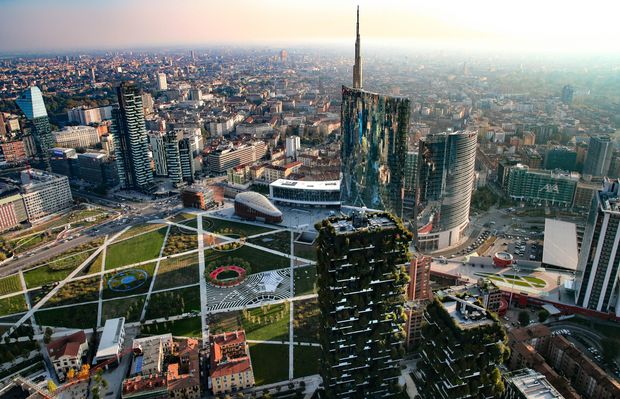 An aerial view of BAM park and the Bosco Verticale towers.